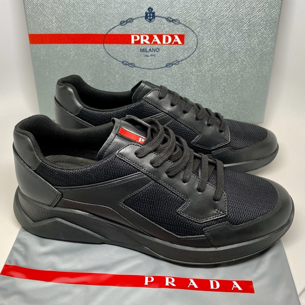 Prada LOGO Mesh Nero Leather Bike Sneakers NIB